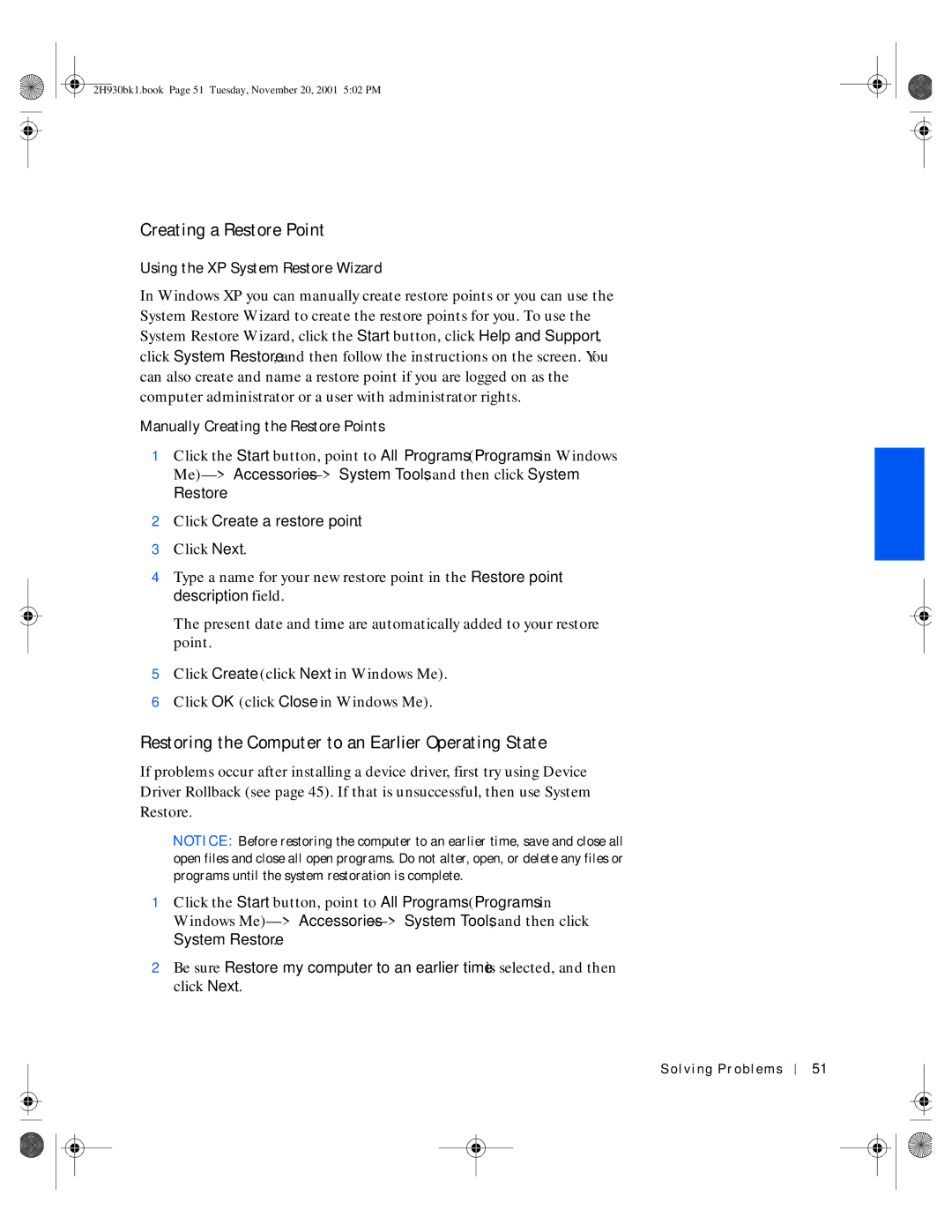 Dell 4300 manual Creating a Restore Point, Restoring the Computer to an Earlier Operating State 