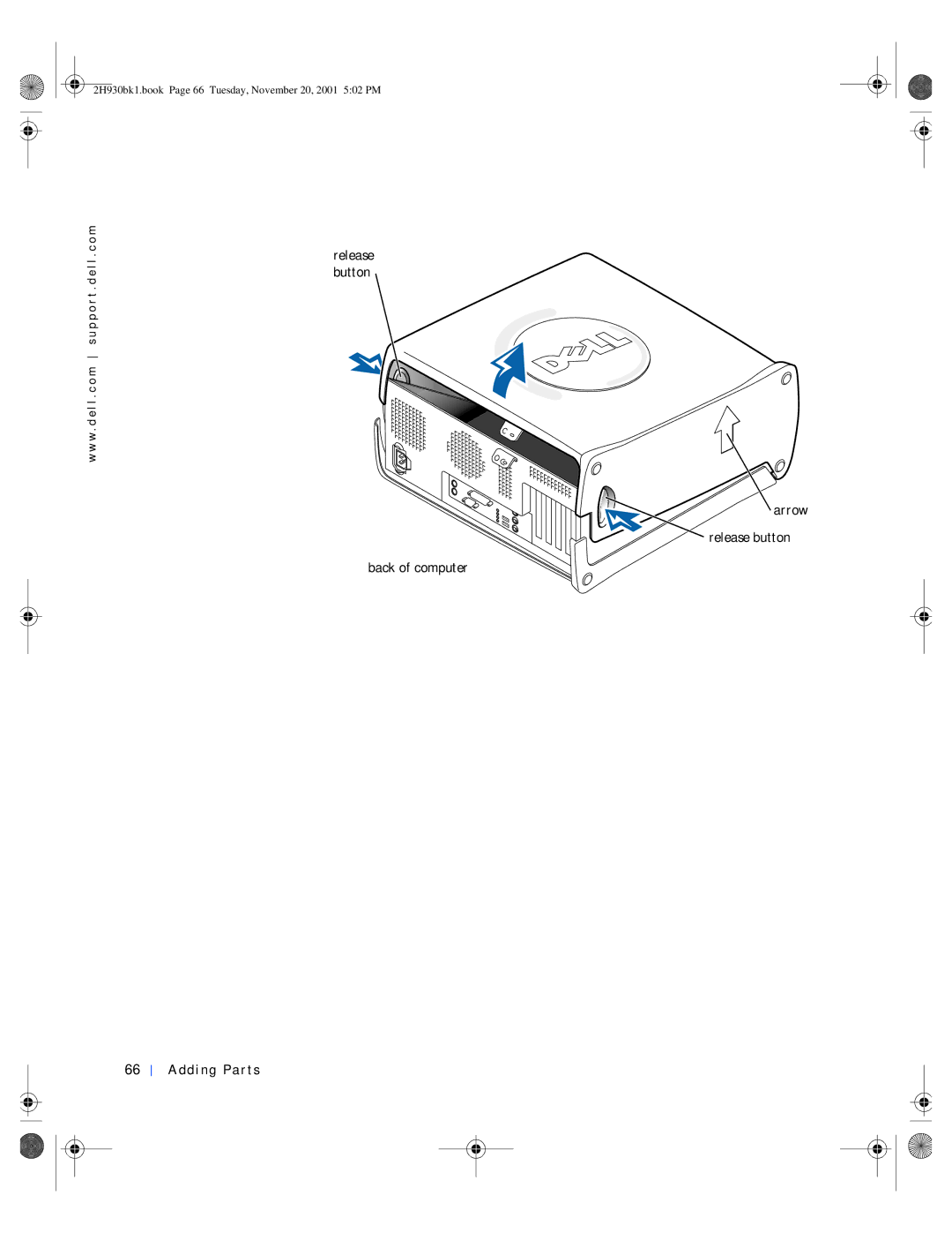 Dell 4300 manual Arrow Release button Back of computer Adding Parts 