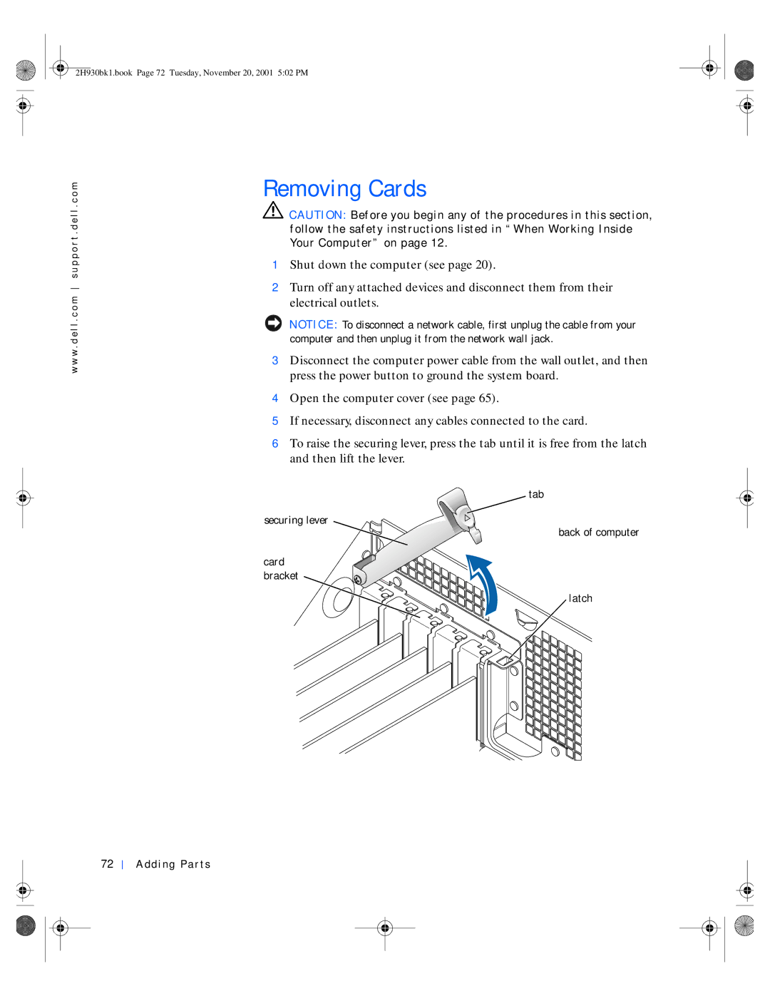 Dell 4300 manual Removing Cards 