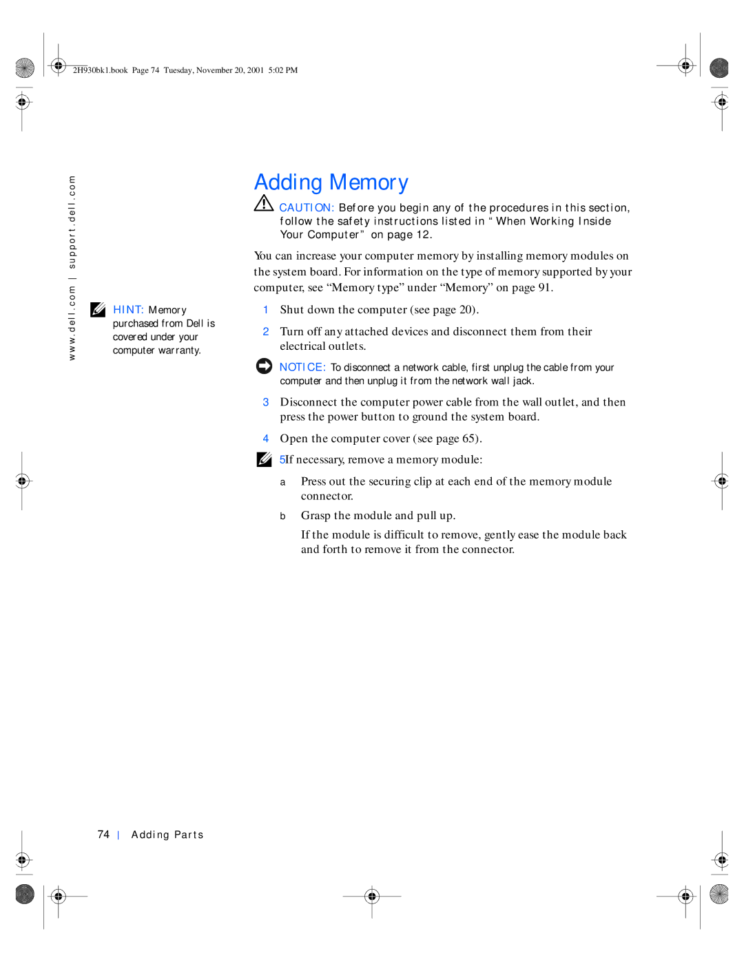 Dell 4300 manual Adding Memory 