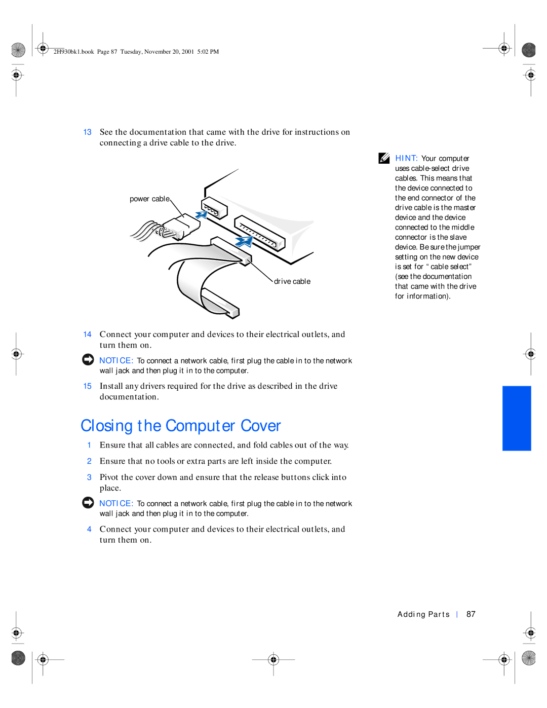 Dell 4300 manual Closing the Computer Cover, Power cable Drive cable 