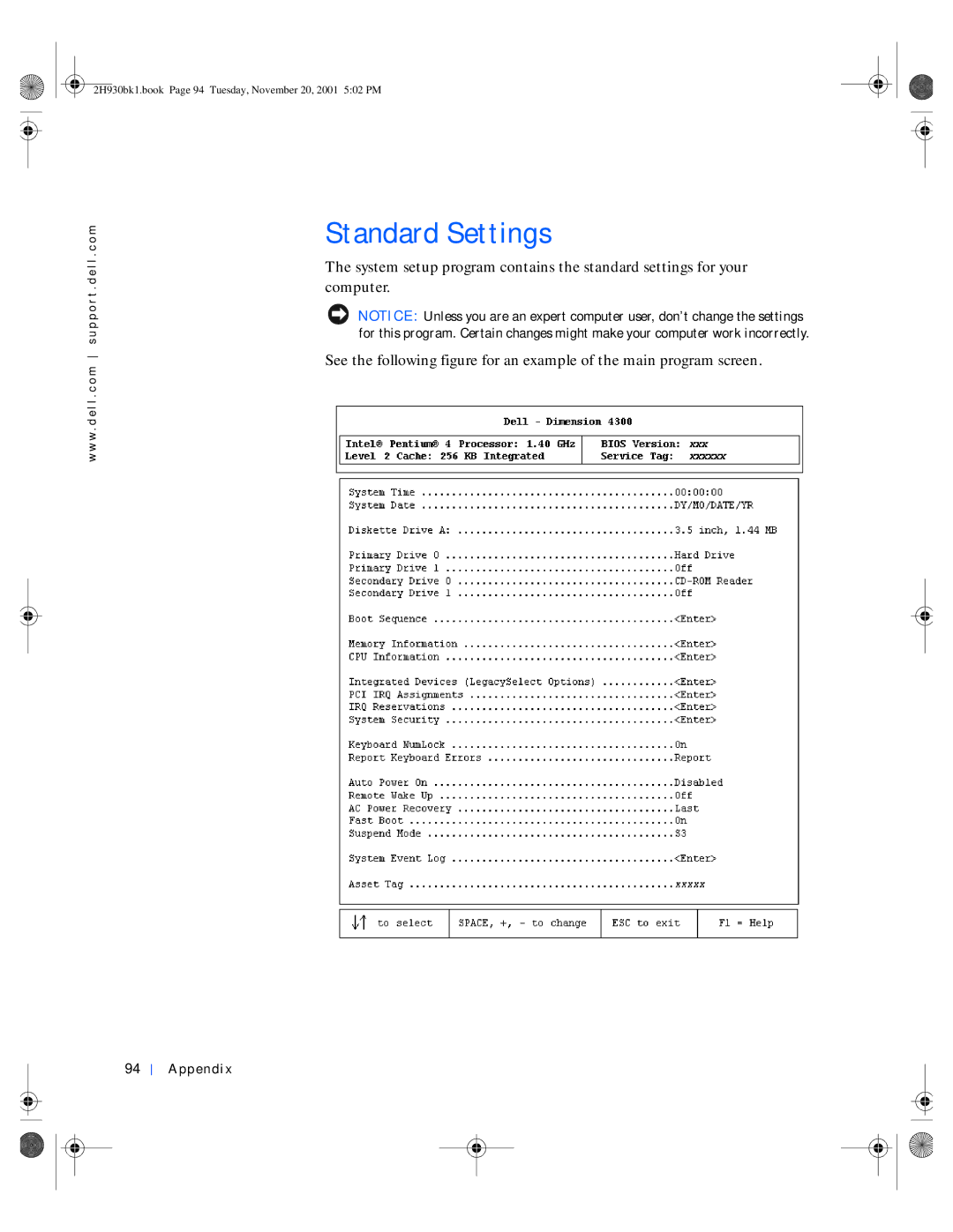 Dell 4300 manual Standard Settings 