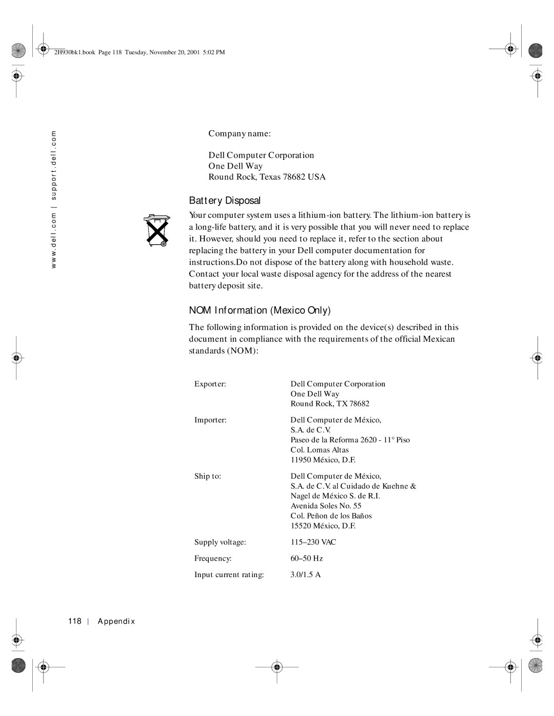 Dell 4300 manual Battery Disposal, NOM Information Mexico Only, Appendix 