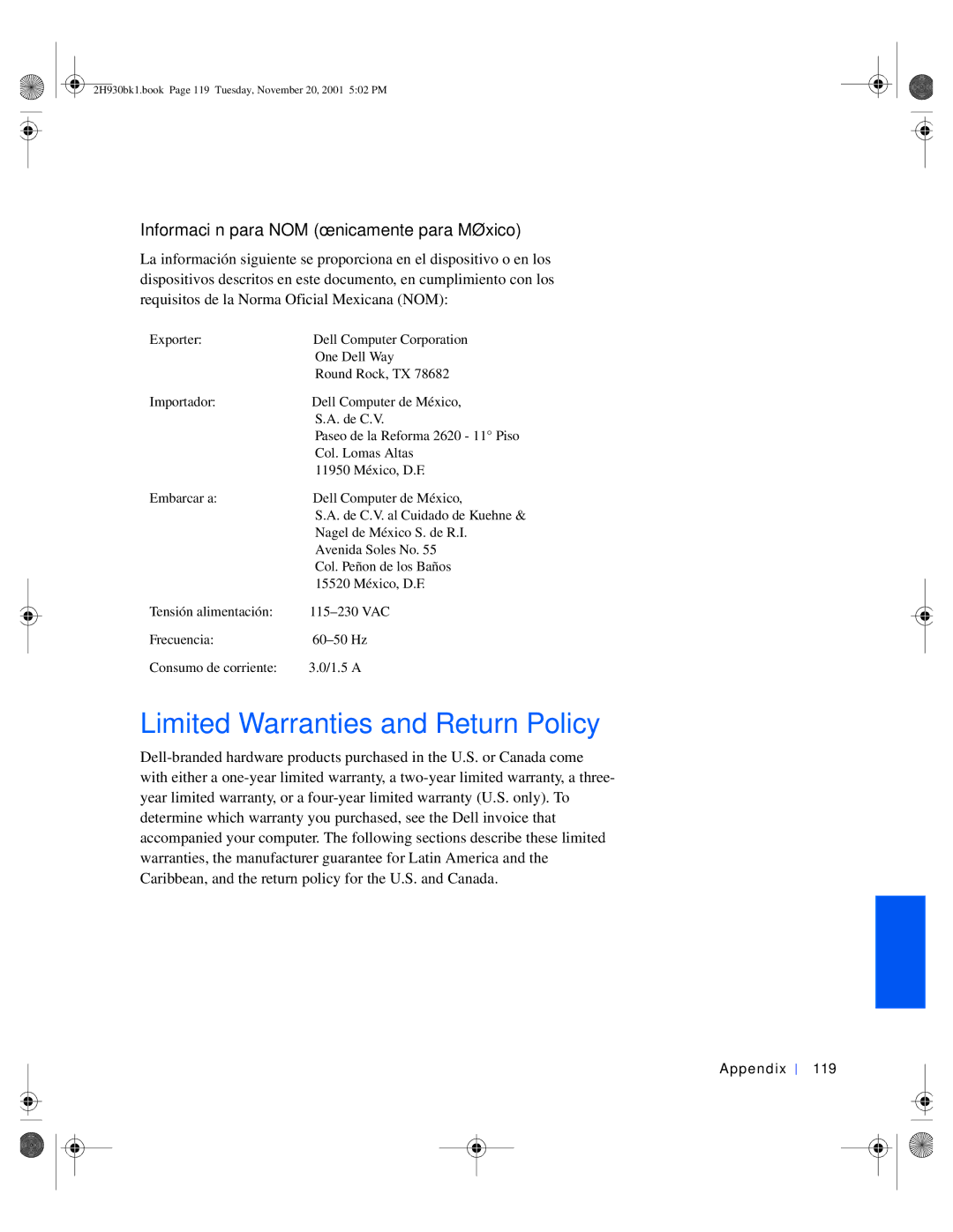 Dell 4300 manual Limited Warranties and Return Policy, Información para NOM únicamente para México, Appendix 119 
