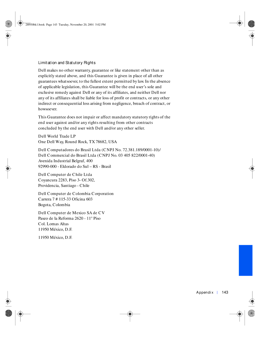 Dell 4300 manual Limitation and Statutory Rights, Appendix 143 