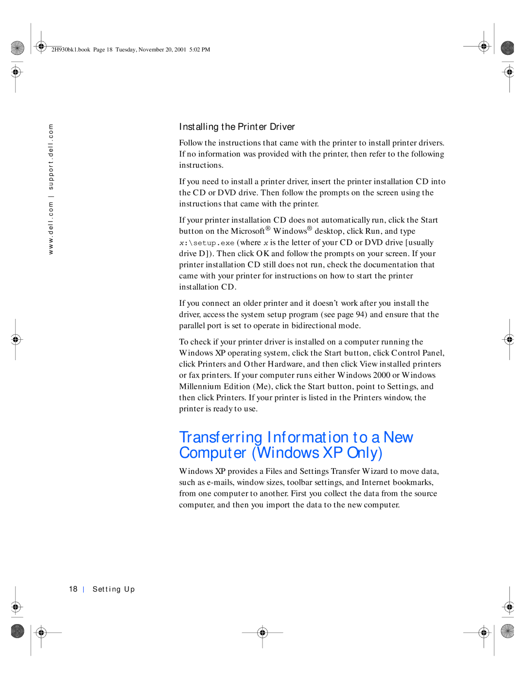 Dell 4300 manual Transferring Information to a New Computer Windows XP Only, Installing the Printer Driver 