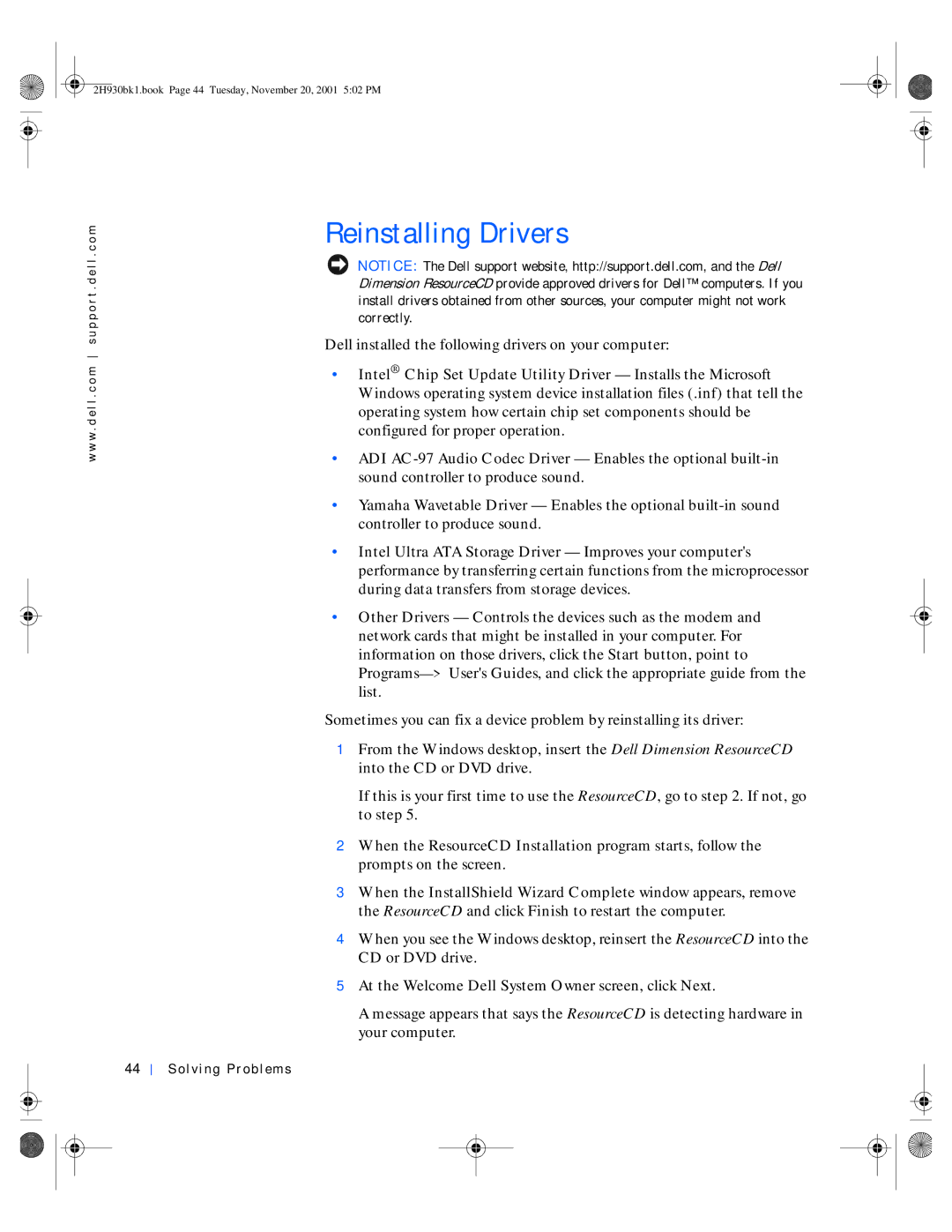 Dell 4300 manual Reinstalling Drivers, At the Welcome Dell System Owner screen, click Next 