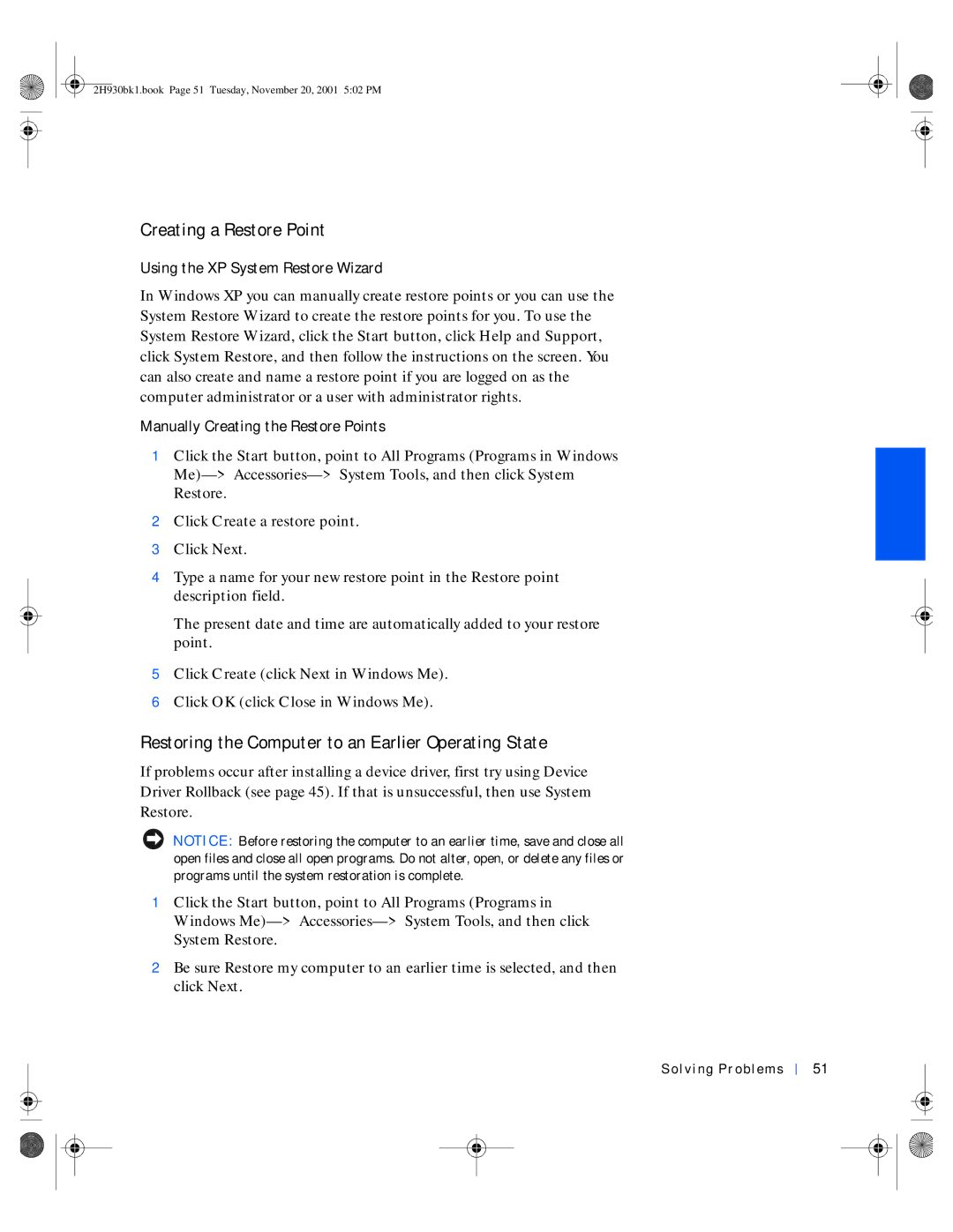 Dell 4300 manual Creating a Restore Point, Restoring the Computer to an Earlier Operating State 