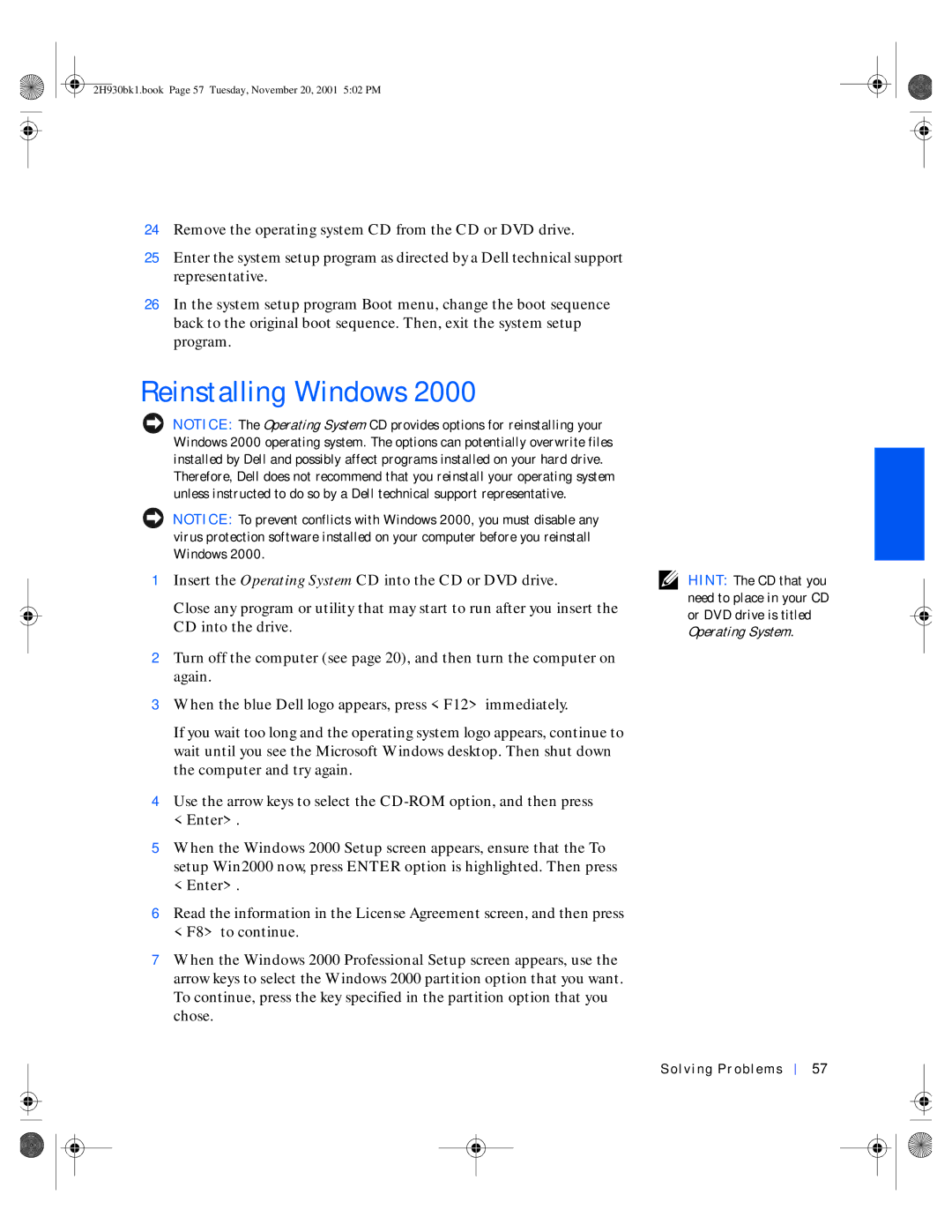 Dell 4300 manual Reinstalling Windows 