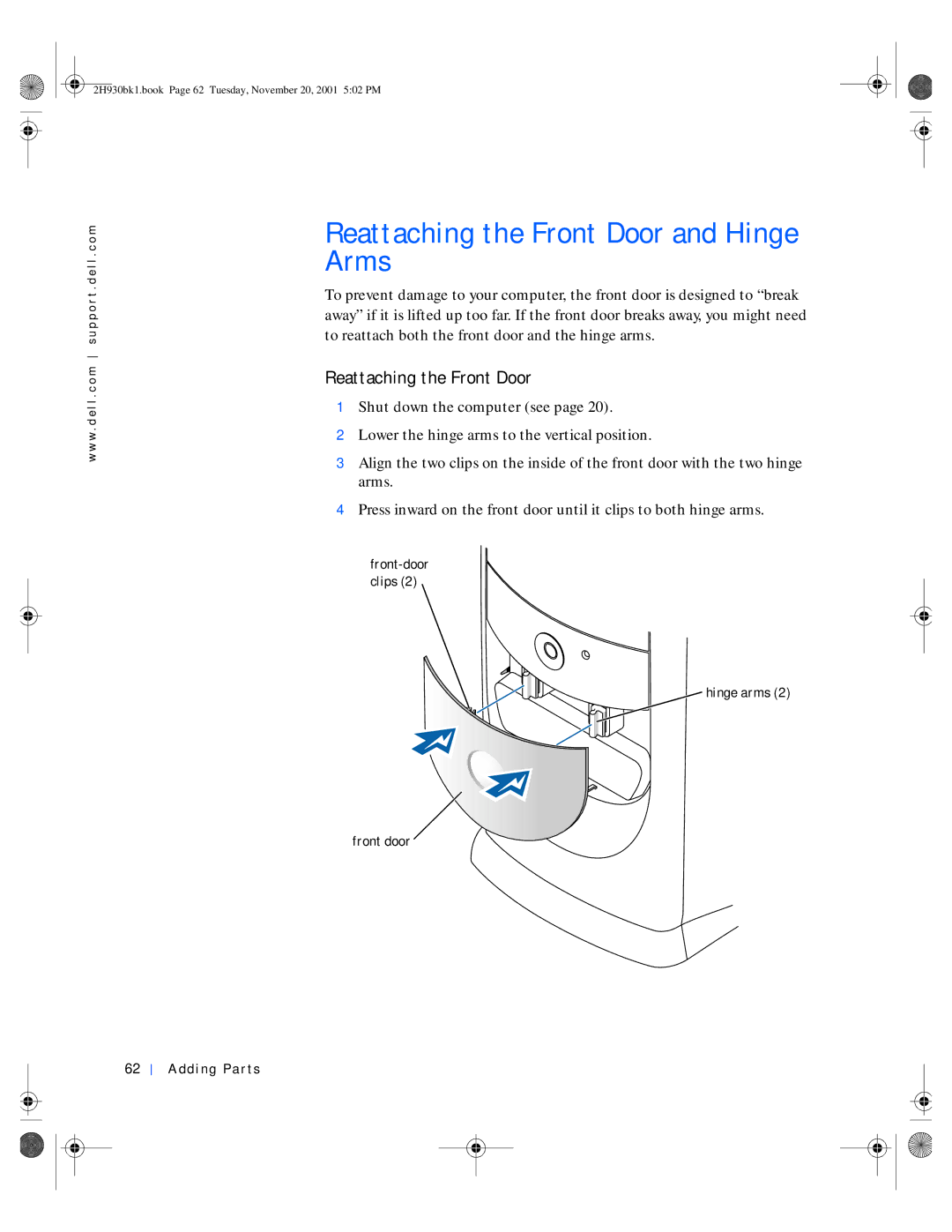 Dell 4300 manual Reattaching the Front Door and Hinge Arms, Front-door clips Hinge arms Front door Adding Parts 