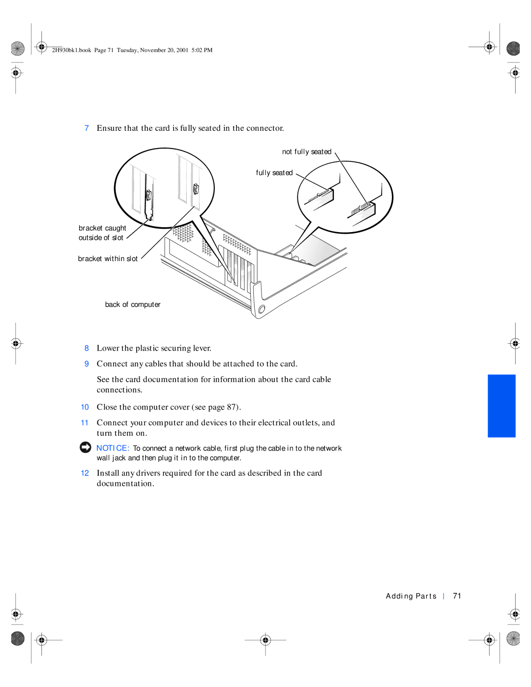 Dell 4300 manual Not fully seated Fully seated, Bracket within slot Back of computer 