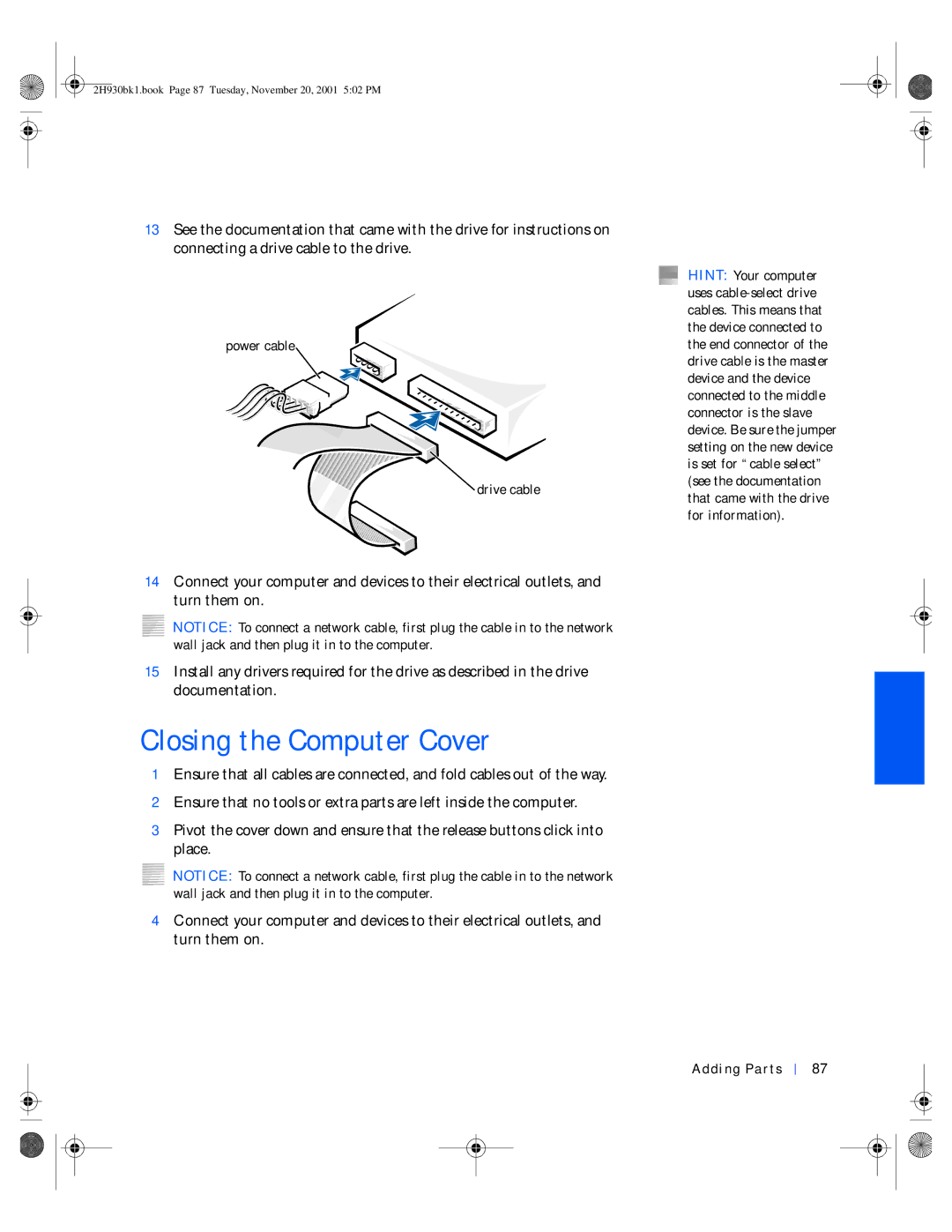 Dell 4300 manual Closing the Computer Cover, Power cable Drive cable 