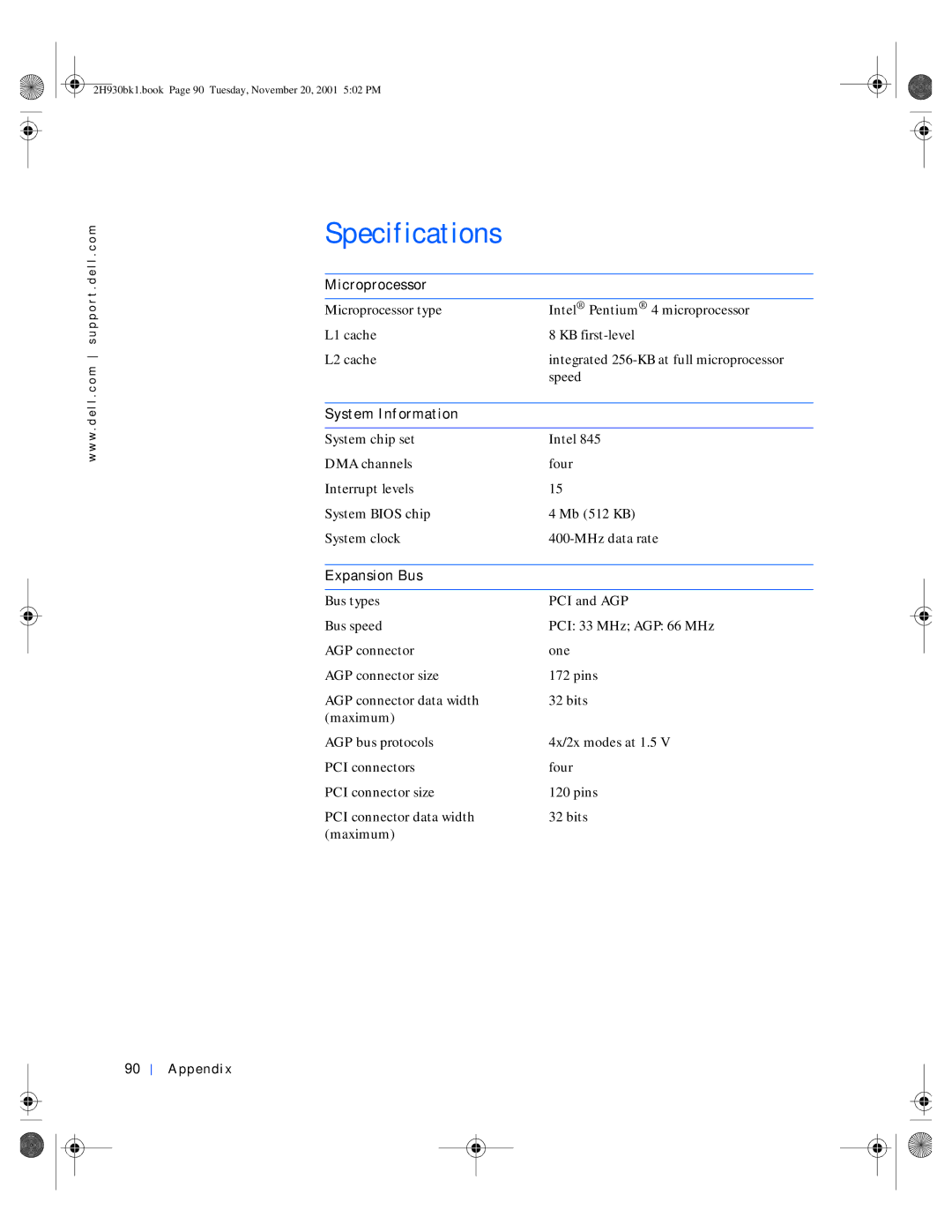 Dell 4300 manual Specifications, Microprocessor, System Information, Expansion Bus, Appendix 