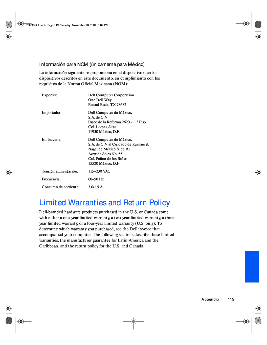 Dell 4300 manual Limited Warranties and Return Policy, Información para NOM únicamente para México 