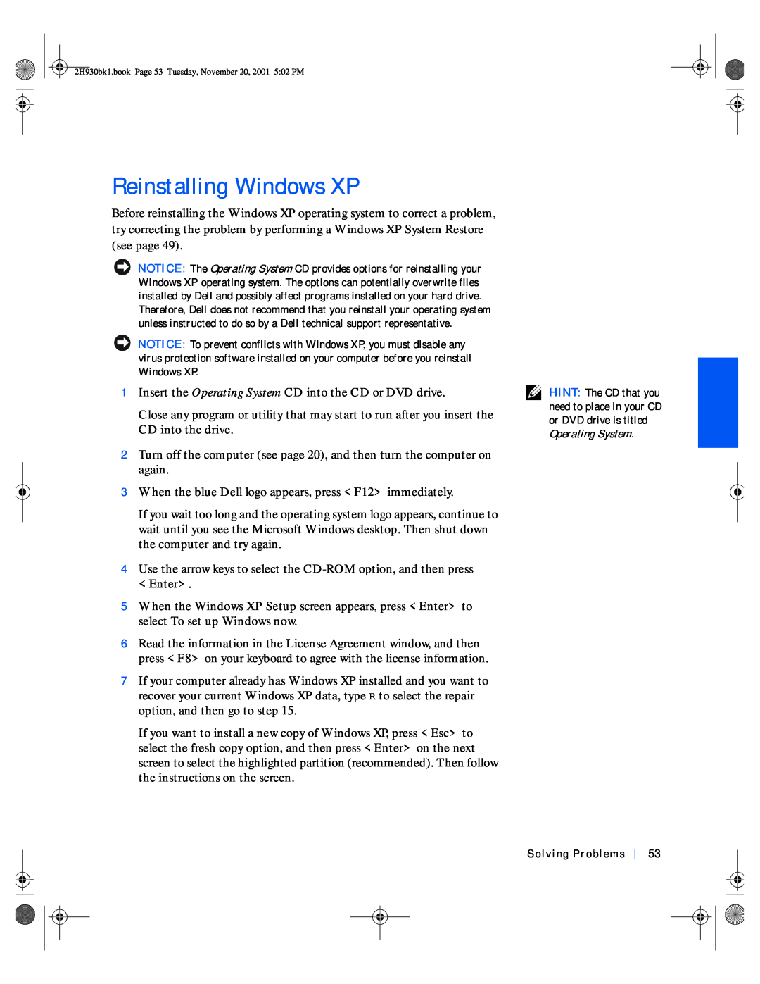 Dell 4300 manual Reinstalling Windows XP 