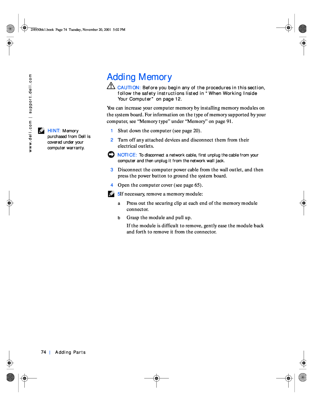 Dell 4300 manual Adding Memory, 2H930bk1.book Page 74 Tuesday, November 20, 2001 502 PM 