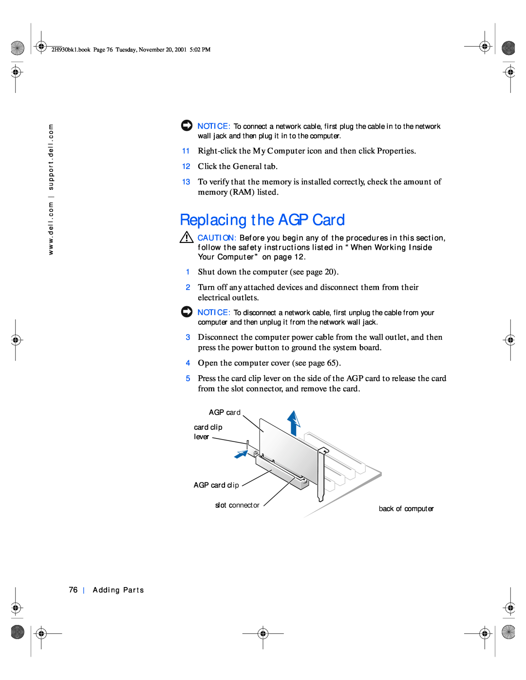 Dell 4300 manual Replacing the AGP Card, 2H930bk1.book Page 76 Tuesday, November 20, 2001 502 PM 