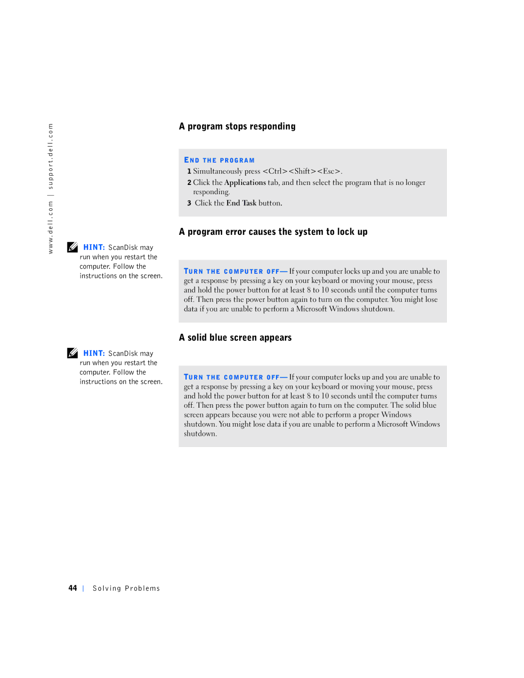 Dell 4300s, 6K797 manual Program stops responding, Program error causes the system to lock up, Solid blue screen appears 