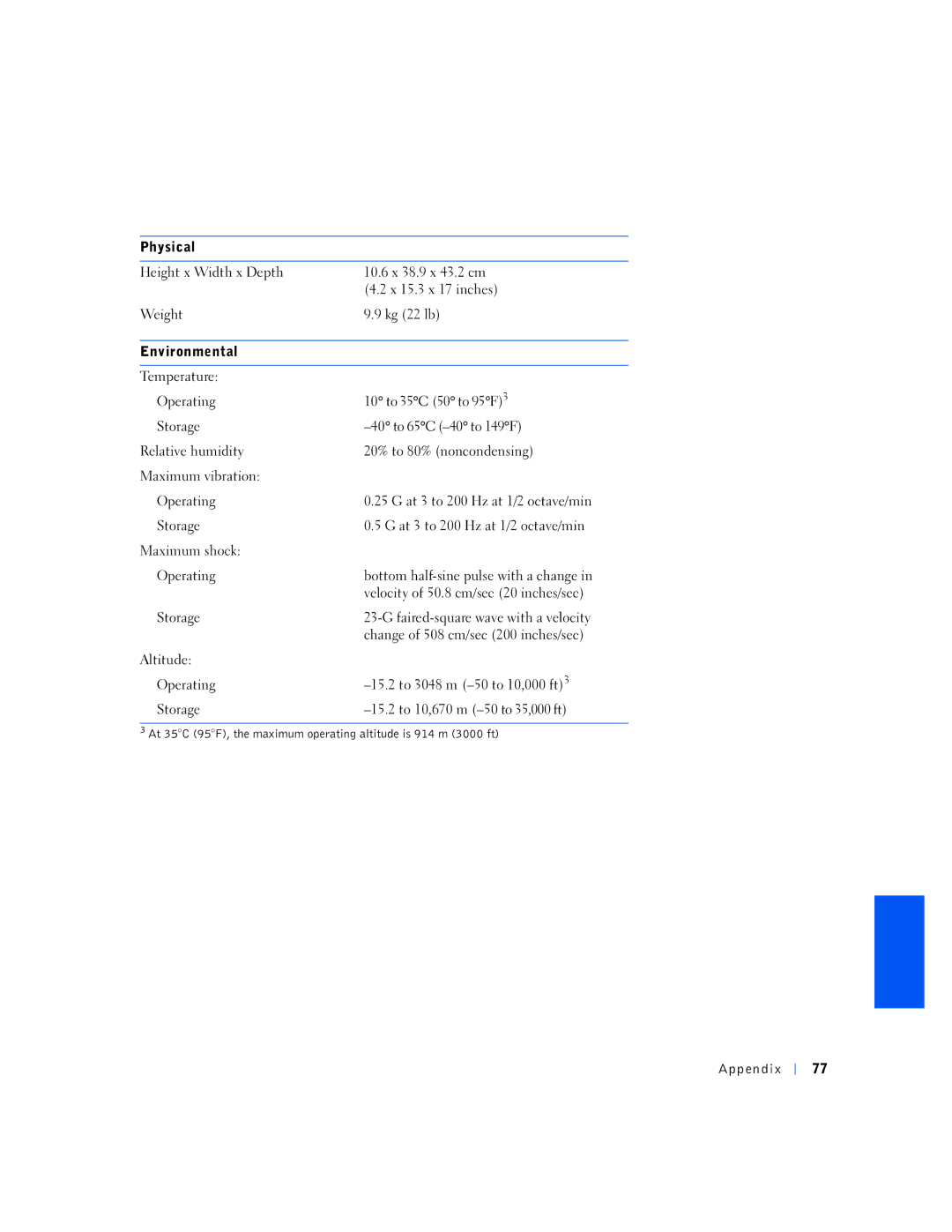 Dell 6K797, 4300s manual At 35C 95F, the maximum operating altitude is 914 m 3000 ft 