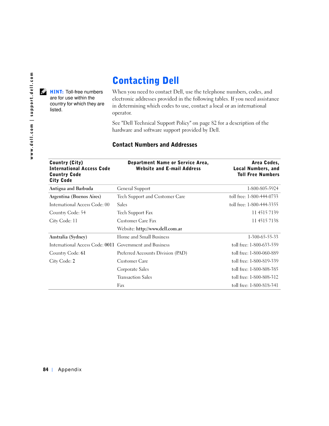 Dell 4300s, 6K797 manual Contact Numbers and Addresses 