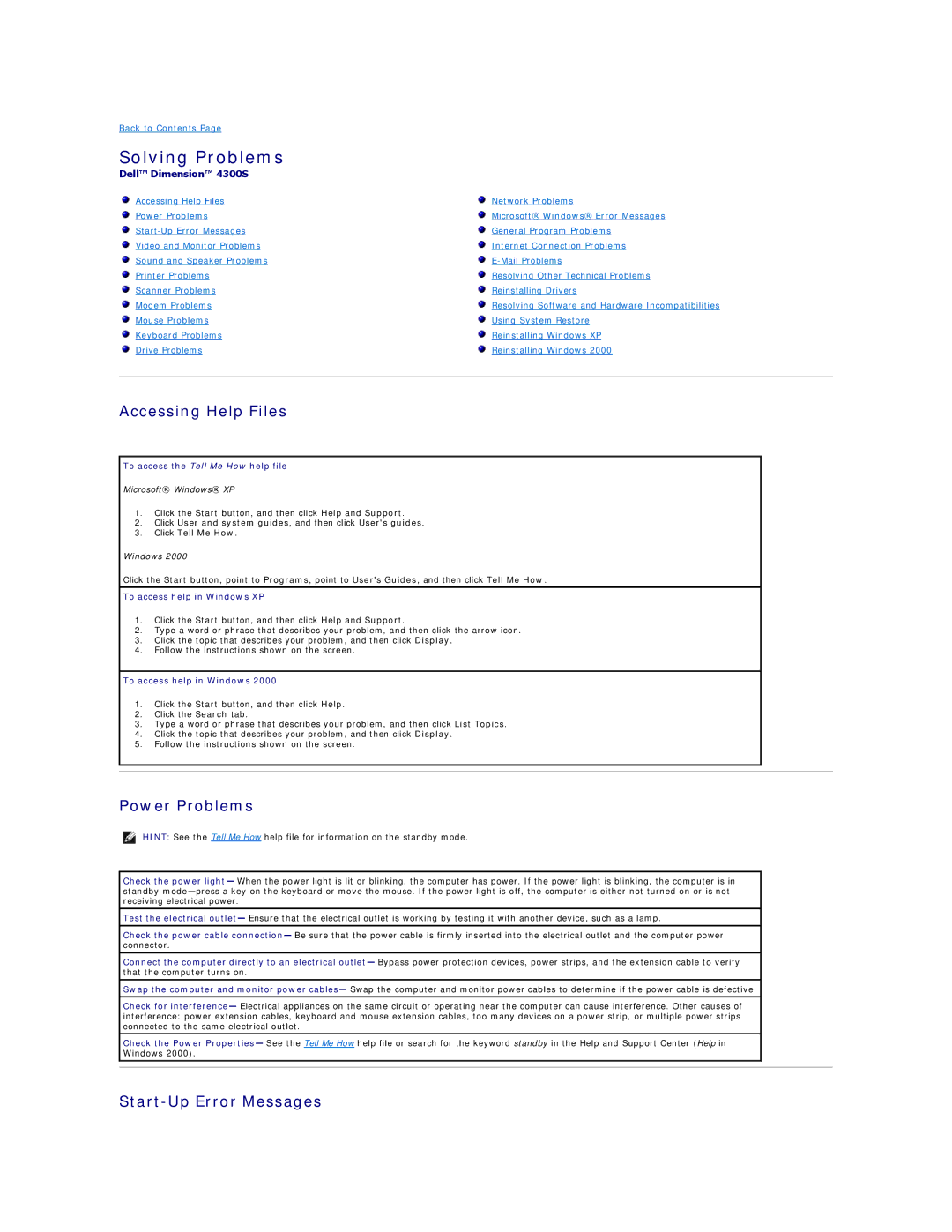 Dell 4300s technical specifications Solving Problems, Accessing Help Files, Power Problems, Start-Up Error Messages 