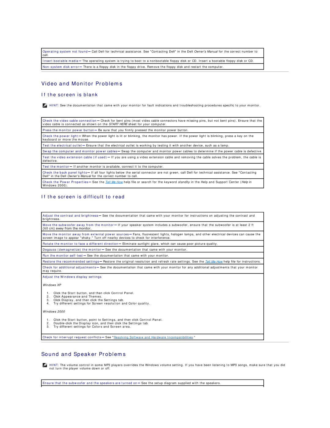 Dell 4300s technical specifications Video and Monitor Problems, Sound and Speaker Problems, If the screen is blank 