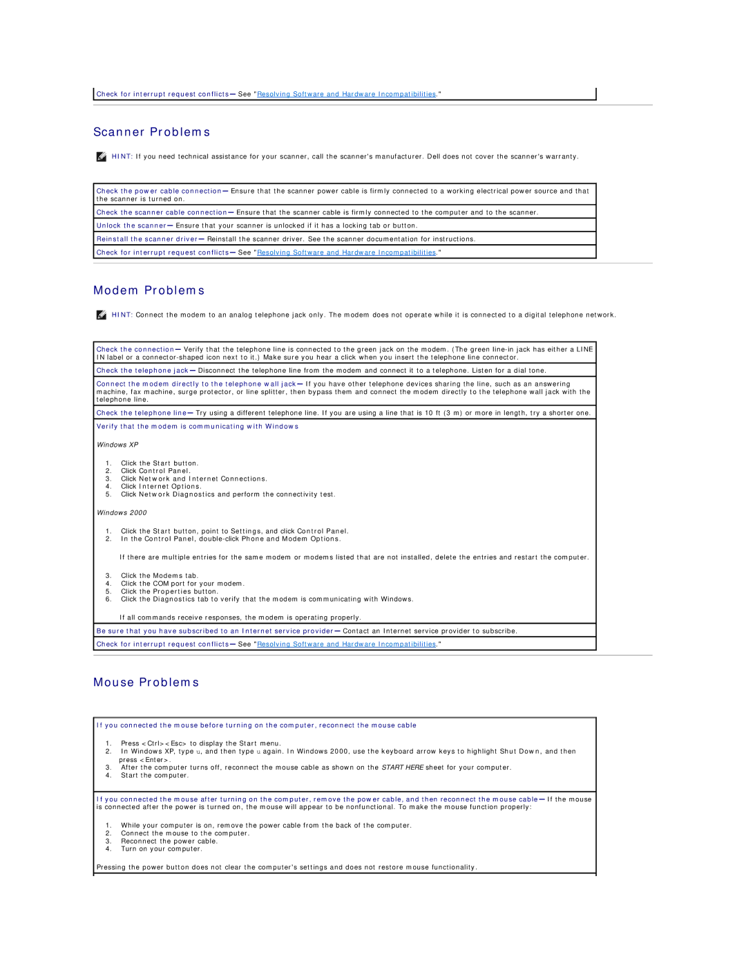 Dell 4300s Scanner Problems, Modem Problems, Mouse Problems, Verify that the modem is communicating with Windows 