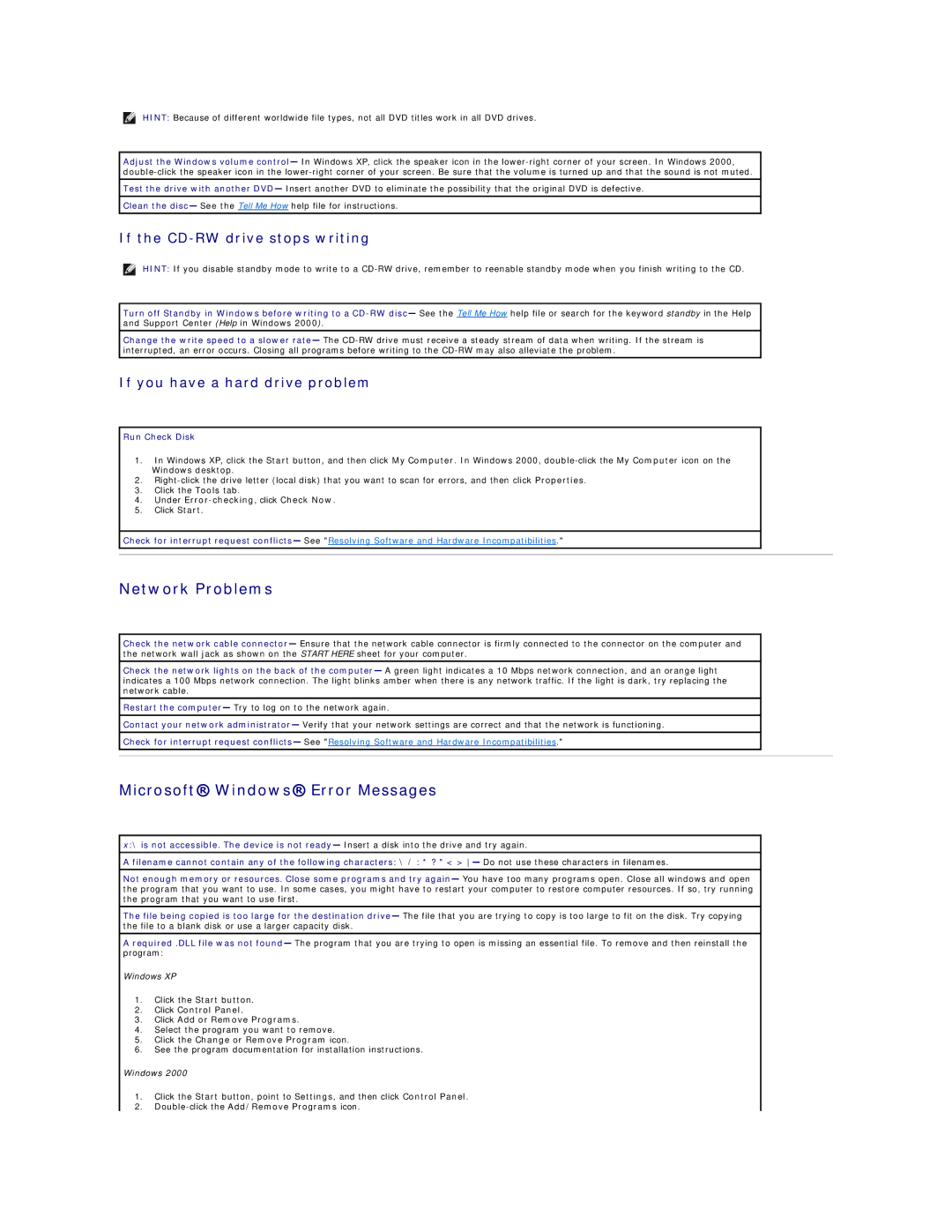 Dell 4300s Network Problems, Microsoft Windows Error Messages, If the CD-RW drive stops writing, Run Check Disk 