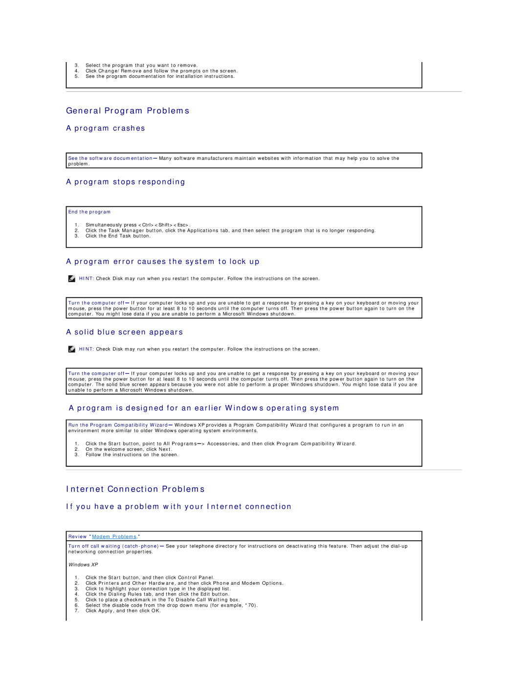 Dell 4300s technical specifications General Program Problems, Internet Connection Problems 