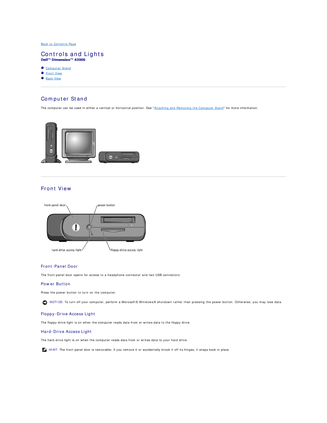 Dell 4300s technical specifications Controls and Lights, Computer Stand, Front View 