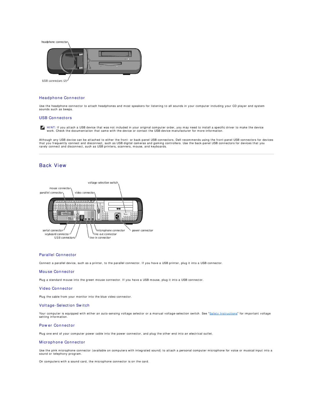 Dell 4300s technical specifications Back View, Headphone Connector 