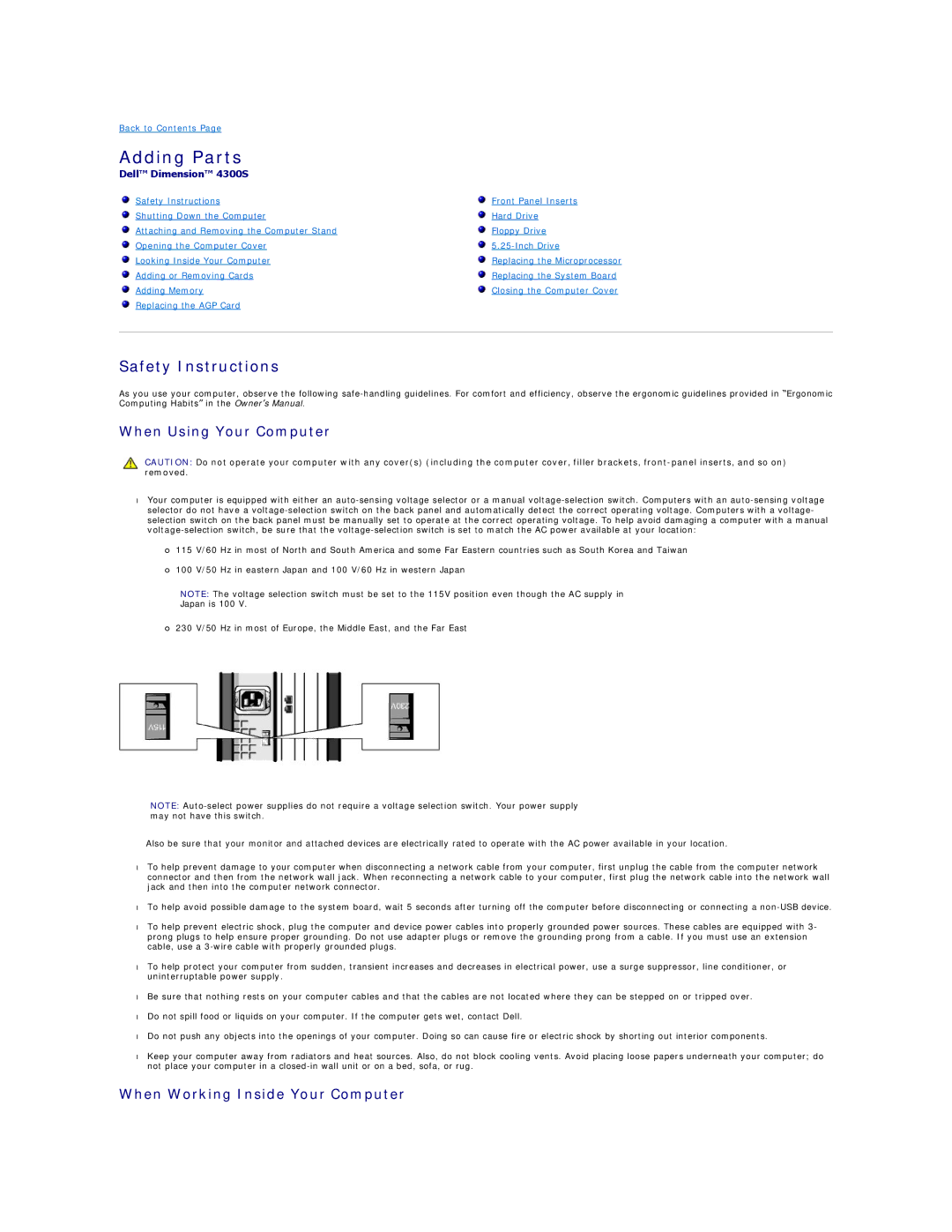 Dell 4300s Adding Parts, Safety Instructions, When Using Your Computer, When Working Inside Your Computer 