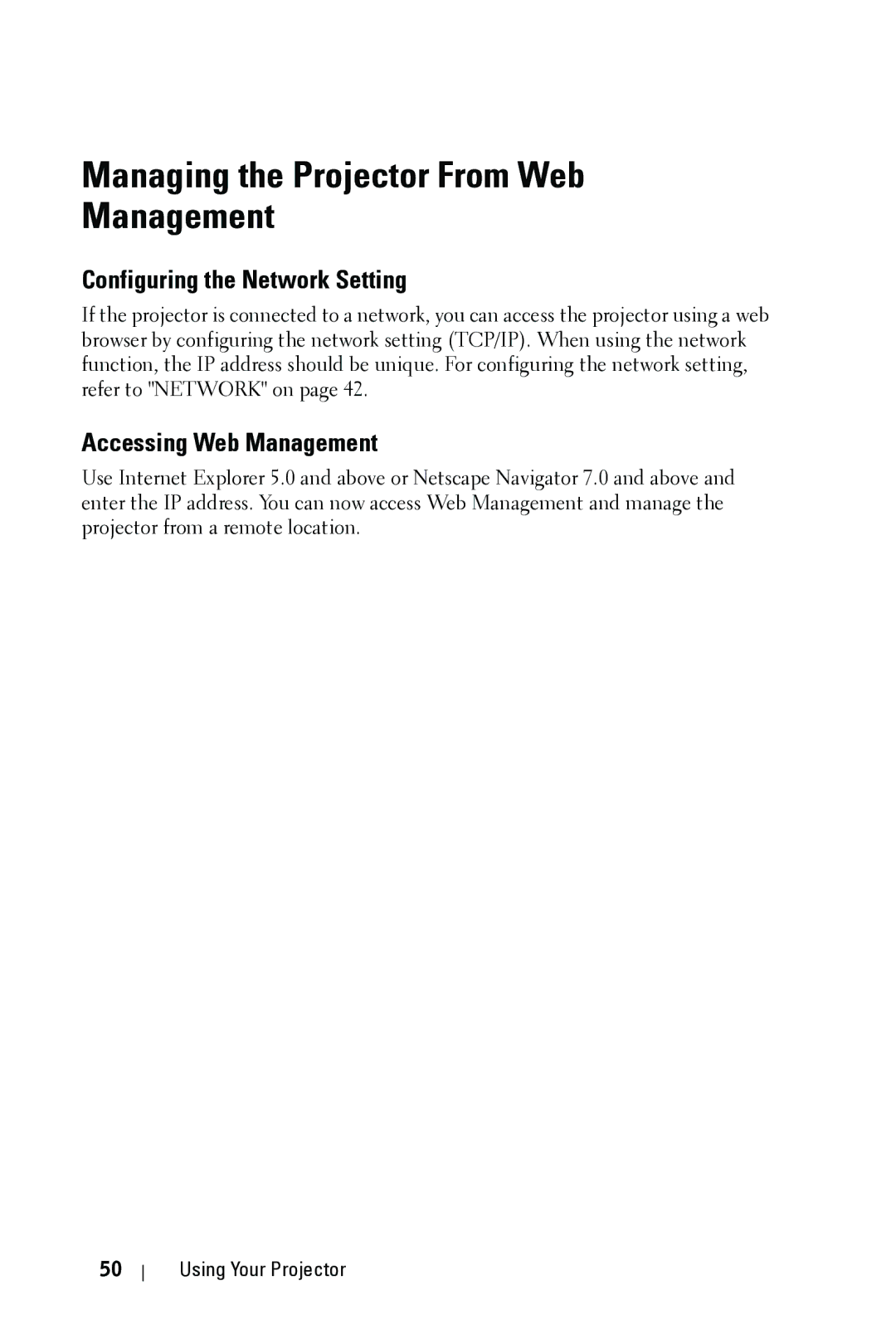 Dell 4310WX manual Managing the Projector From Web Management, Configuring the Network Setting 