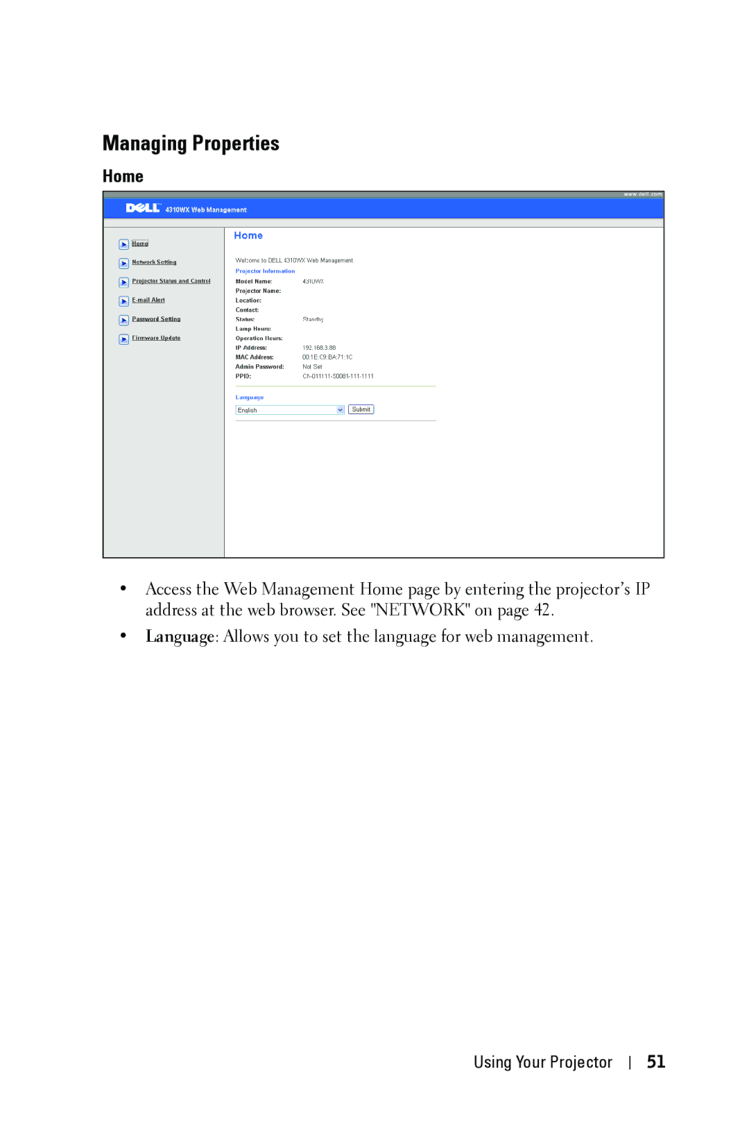 Dell 4310WX manual Managing Properties, Home 