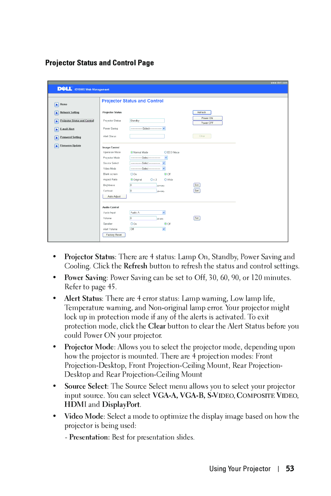 Dell 4310WX manual Projector Status and Control 