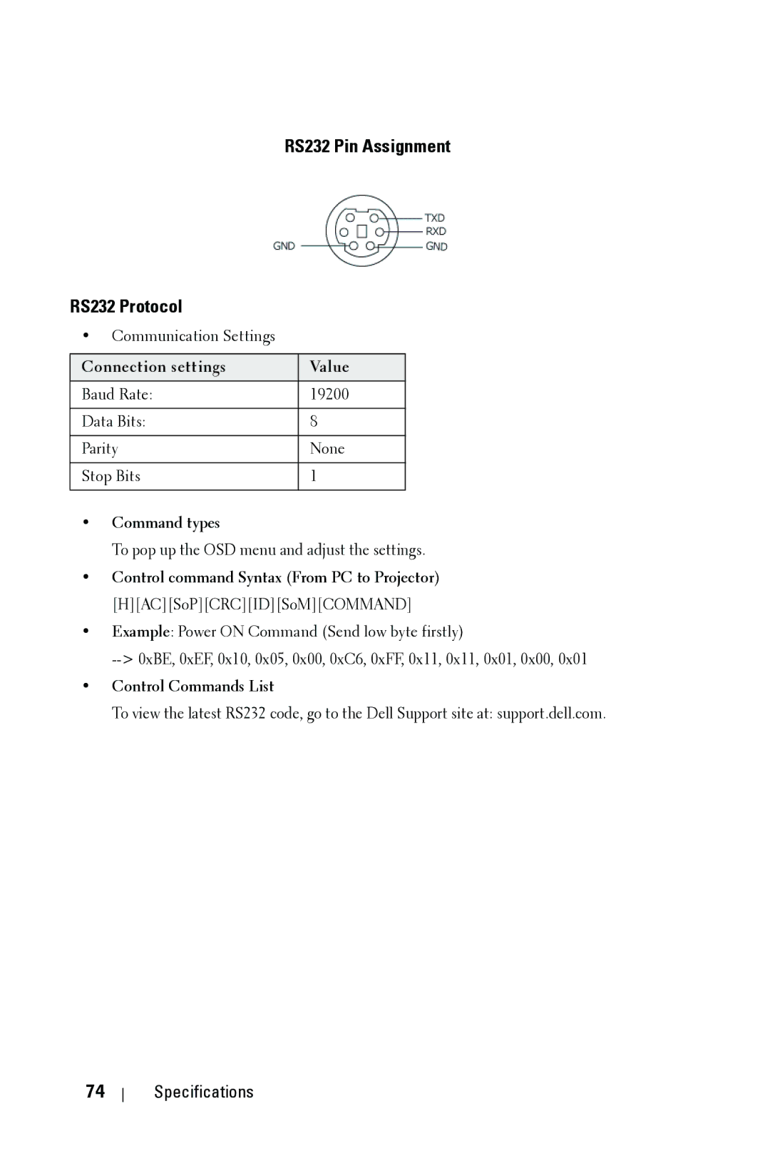 Dell 4310WX manual RS232 Pin Assignment RS232 Protocol, Command types 