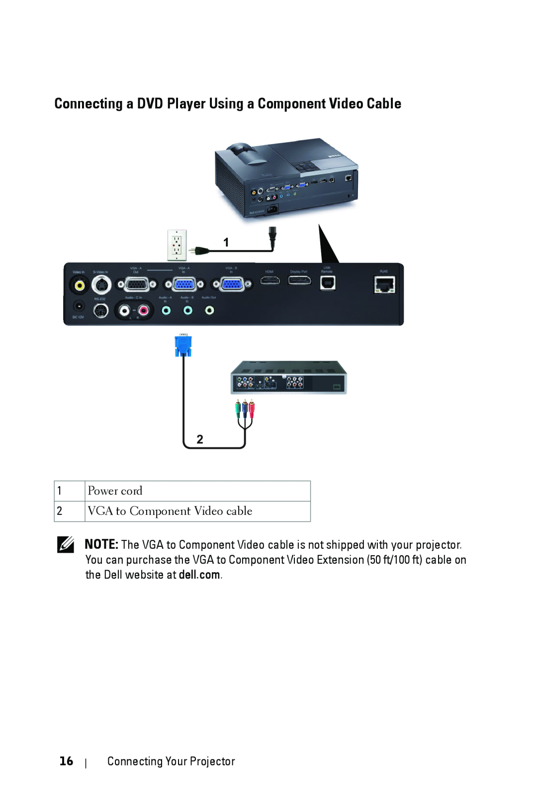 Dell 4310WX manual Connecting a DVD Player Using a Component Video Cable, Power cord VGA to Component Video cable 