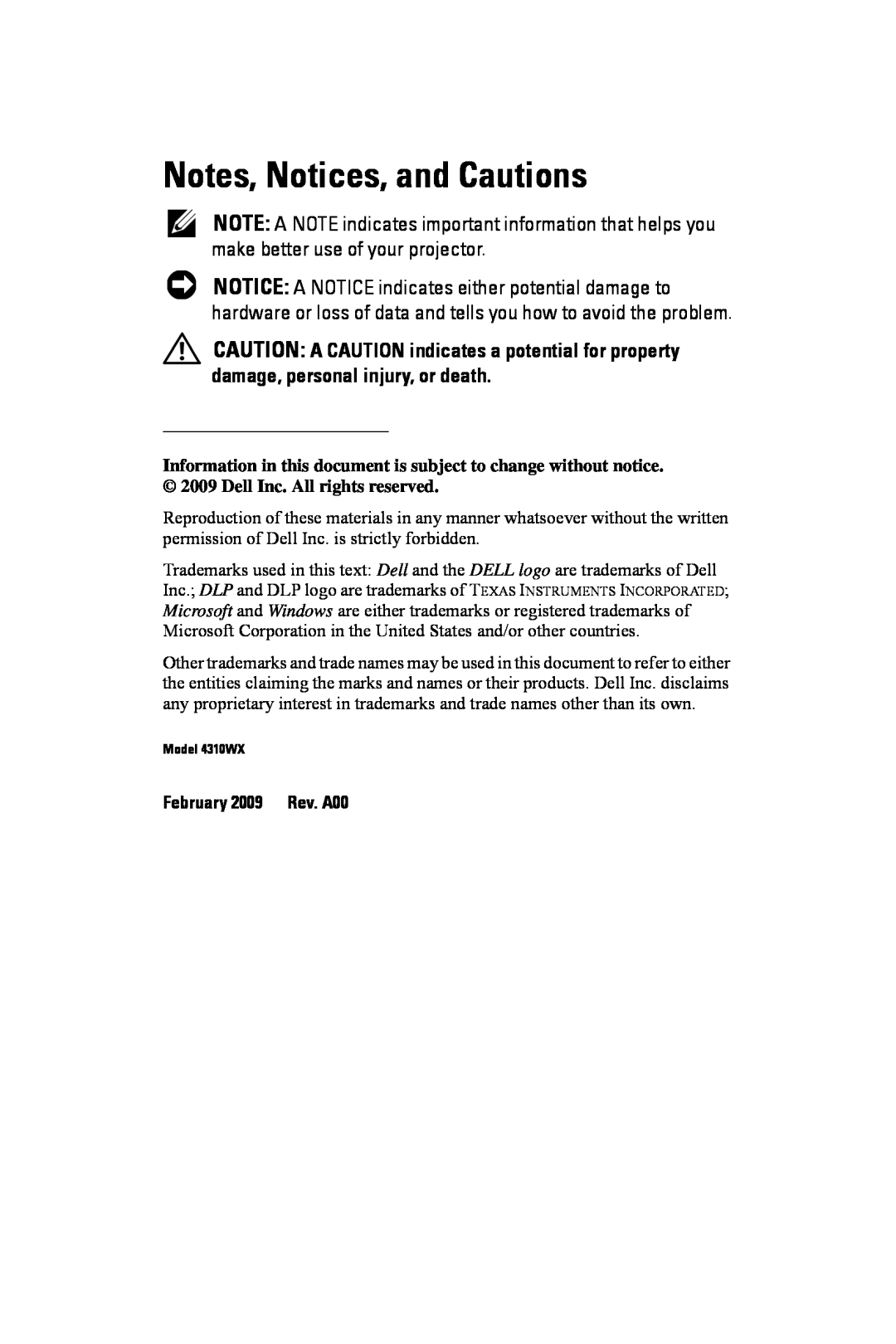 Dell 4310WX manual Notes, Notices, and Cautions, February 2009 Rev. A00 