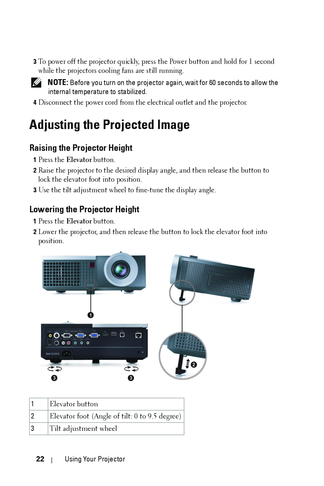 Dell 4310WX manual Adjusting the Projected Image, Raising the Projector Height, Lowering the Projector Height 