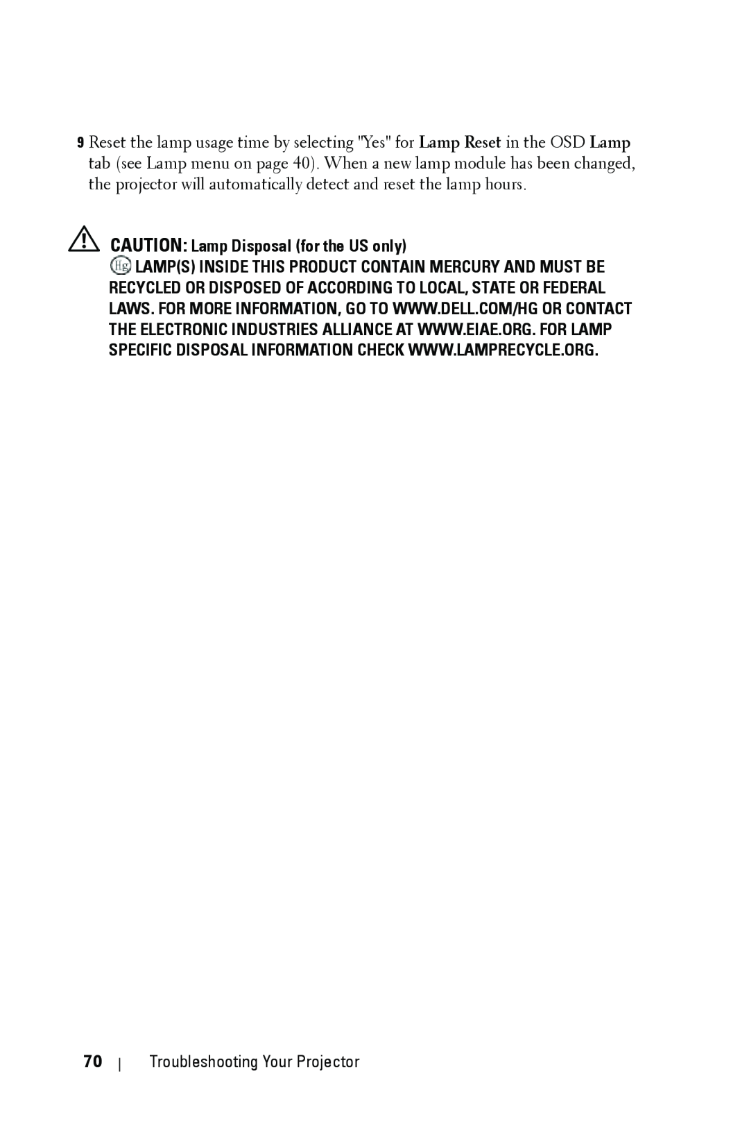 Dell 4310WX manual CAUTION Lamp Disposal for the US only, Troubleshooting Your Projector 
