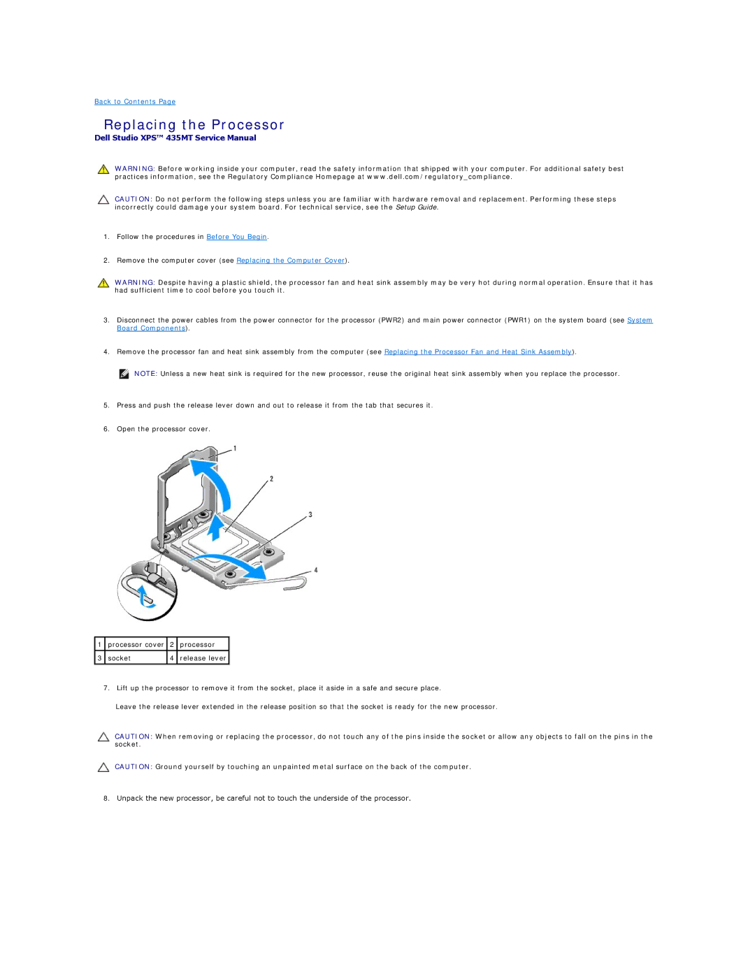 Dell 435MT manual Replacing the Processor 