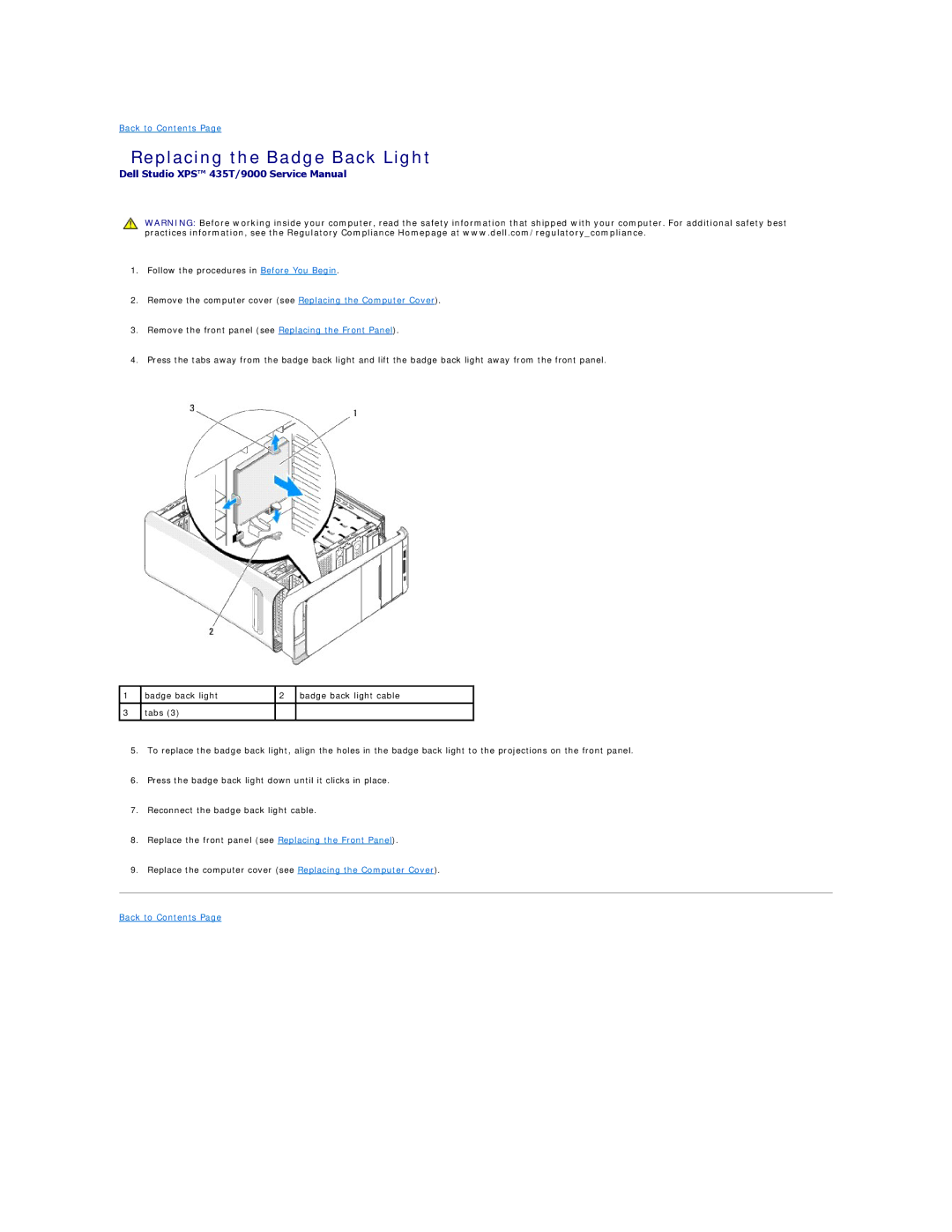 Dell 435MT manual Replacing the Badge Back Light 