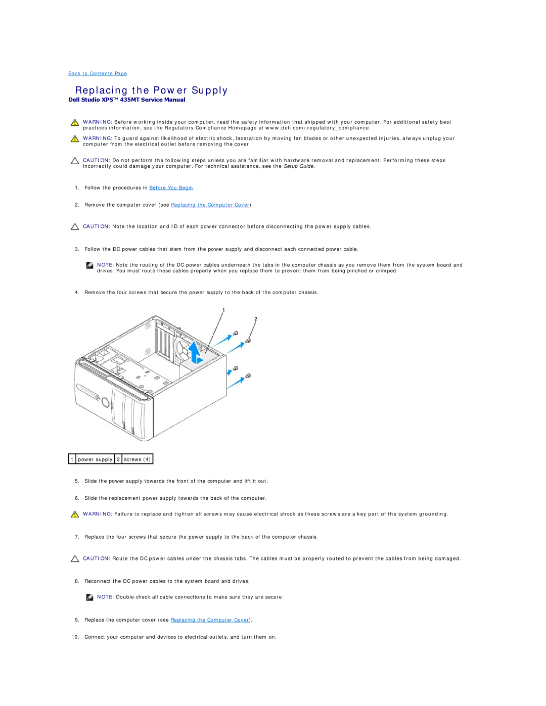 Dell 435MT manual Replacing the Power Supply 