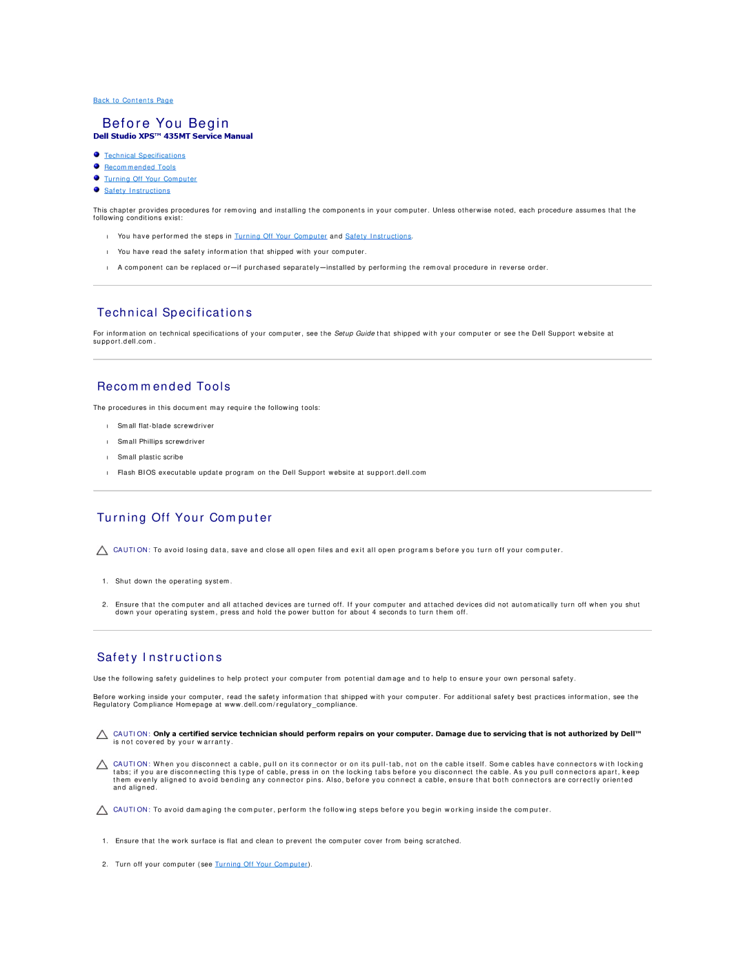 Dell 435MT Before You Begin, Technical Specifications, Recommended Tools, Turning Off Your Computer, Safety Instructions 