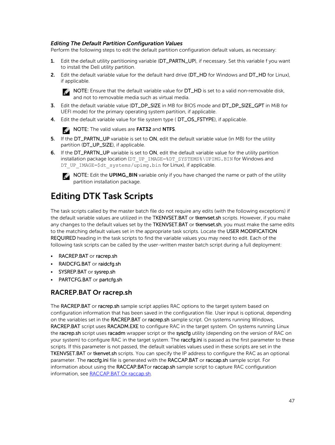 Dell 4.4 manual Editing DTK Task Scripts, RACREP.BAT Or racrep.sh 