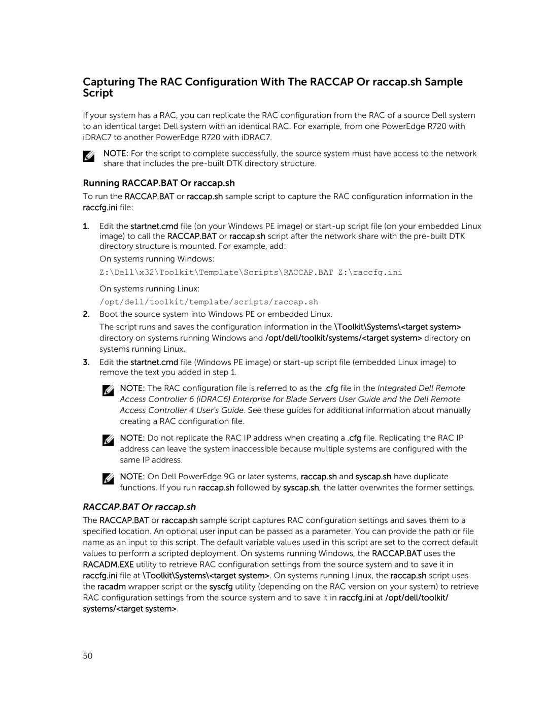 Dell 4.4 manual Running RACCAP.BAT Or raccap.sh, Opt/dell/toolkit/template/scripts/raccap.sh 