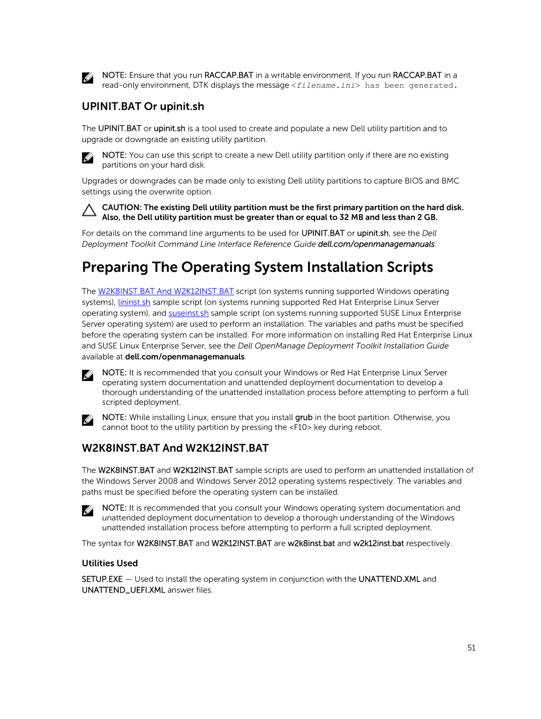 Dell 4.4 Preparing The Operating System Installation Scripts, UPINIT.BAT Or upinit.sh, W2K8INST.BAT And W2K12INST.BAT 