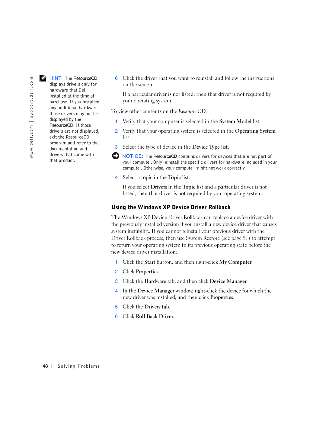 Dell 4400 manual Using the Windows XP Device Driver Rollback, Click Properties, Click Roll Back Driver 