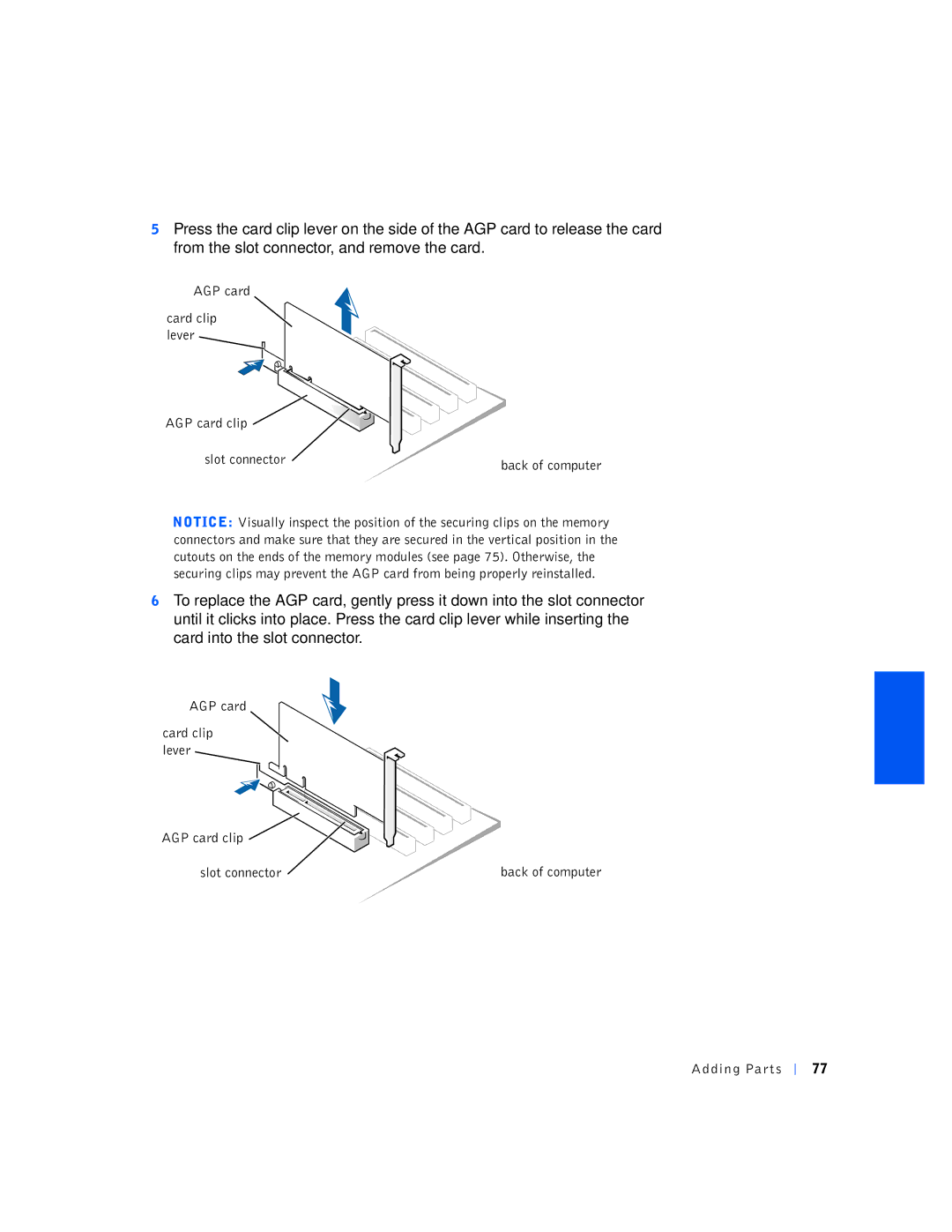 Dell 4400 manual AGP card Card clip lever AGP card clip Slot connector 