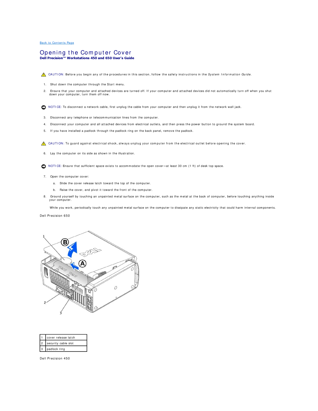 Dell 450 warranty Opening the Computer Cover 